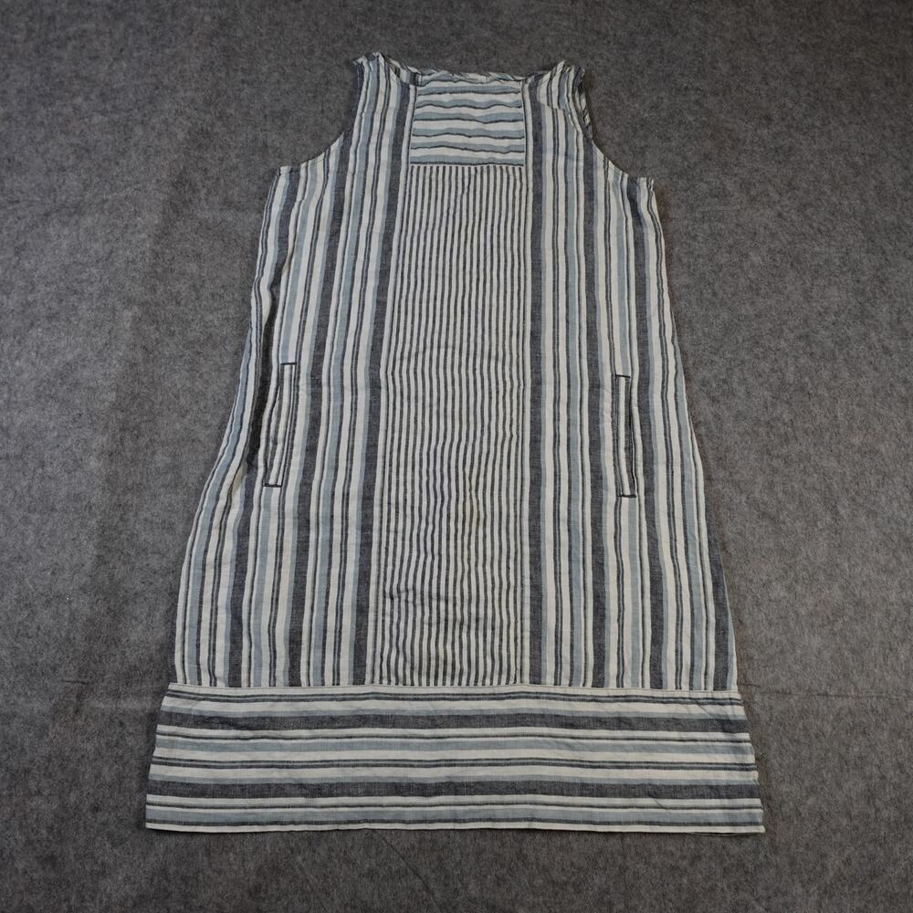 J. Jill Dress Womens‎ Small Linen Midi Striped Lagenlook Beachy Blue Gray Shift